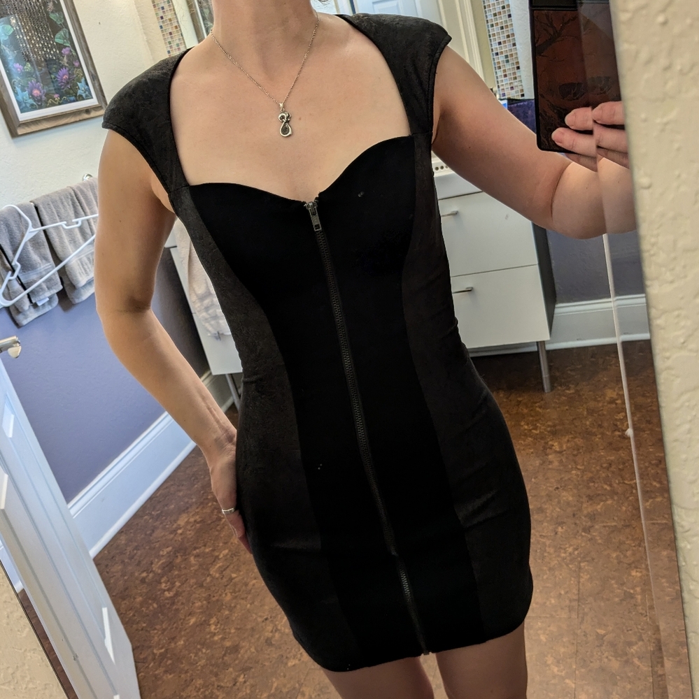NWT Guess Sz 2 Leather-look black mini dress with front zipper